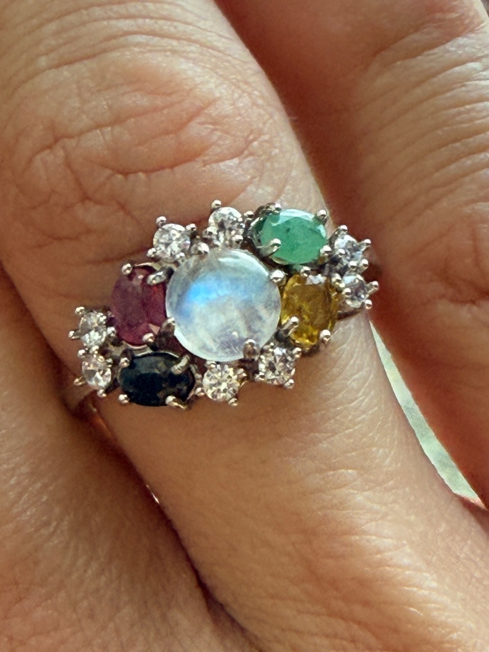 Multigem Moonstone Cluster Ring in White Metal - Rainbow Gem Accents